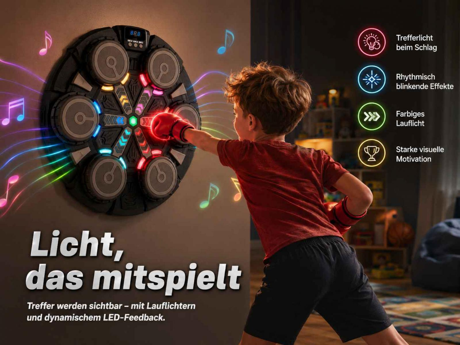Ein Junge boxt gegen eine leuchtende Wand, die auf Treffer reagiert.
