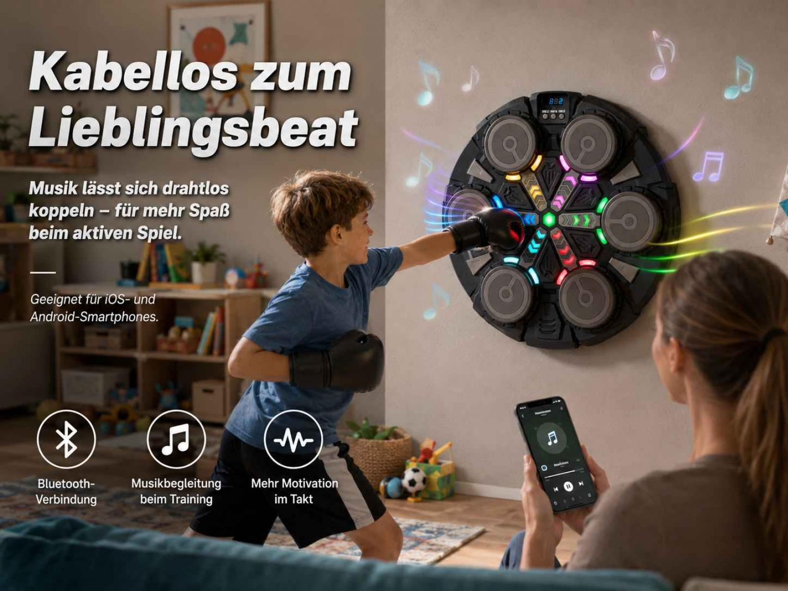 Junge boxt gegen beleuchtete Wand; Frau hält Smartphone. Musik-Box-Spiel.