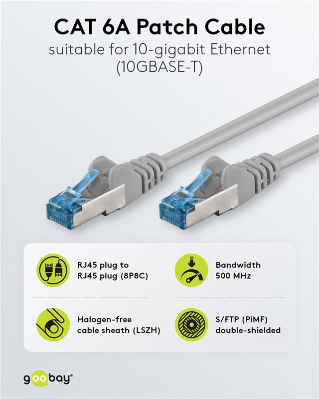 Graues CAT 6A Patchkabel mit RJ45-Steckern, 500 MHz Bandbreite, halogenfrei.