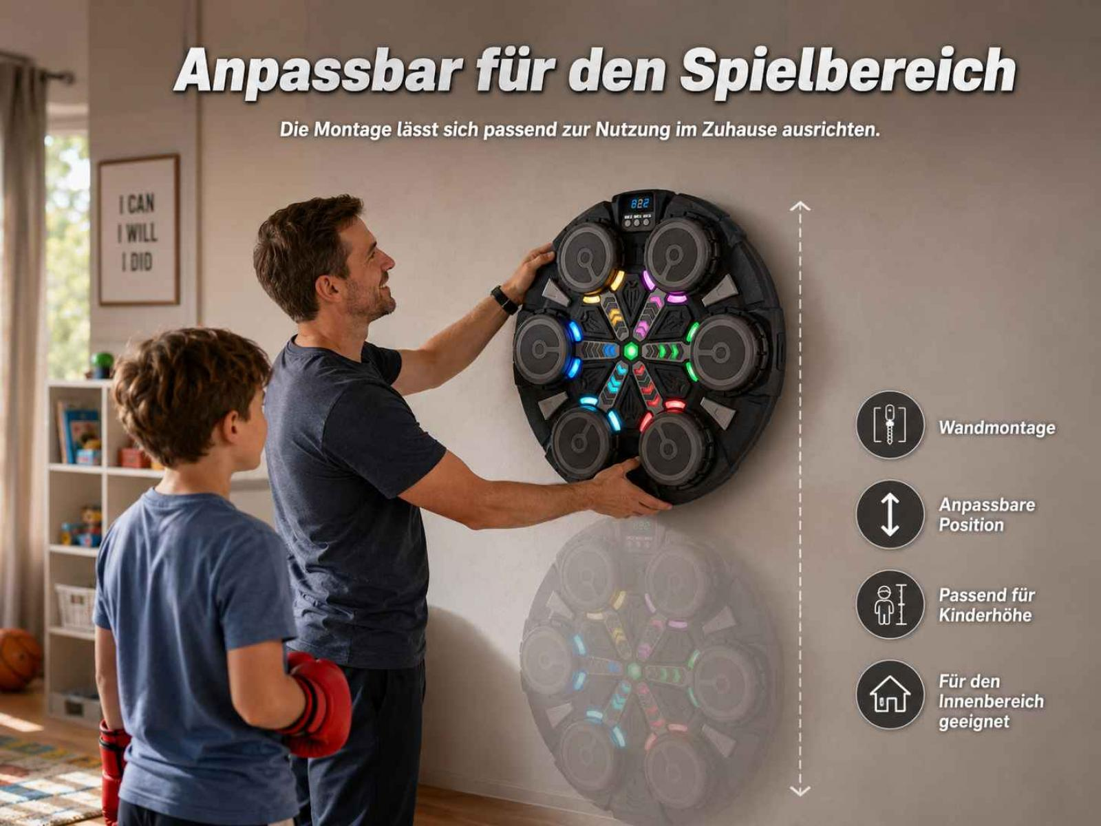 Mann und Junge mit Boxhandschuhen nahe einem Wandspiel mit bunten Lichtern.