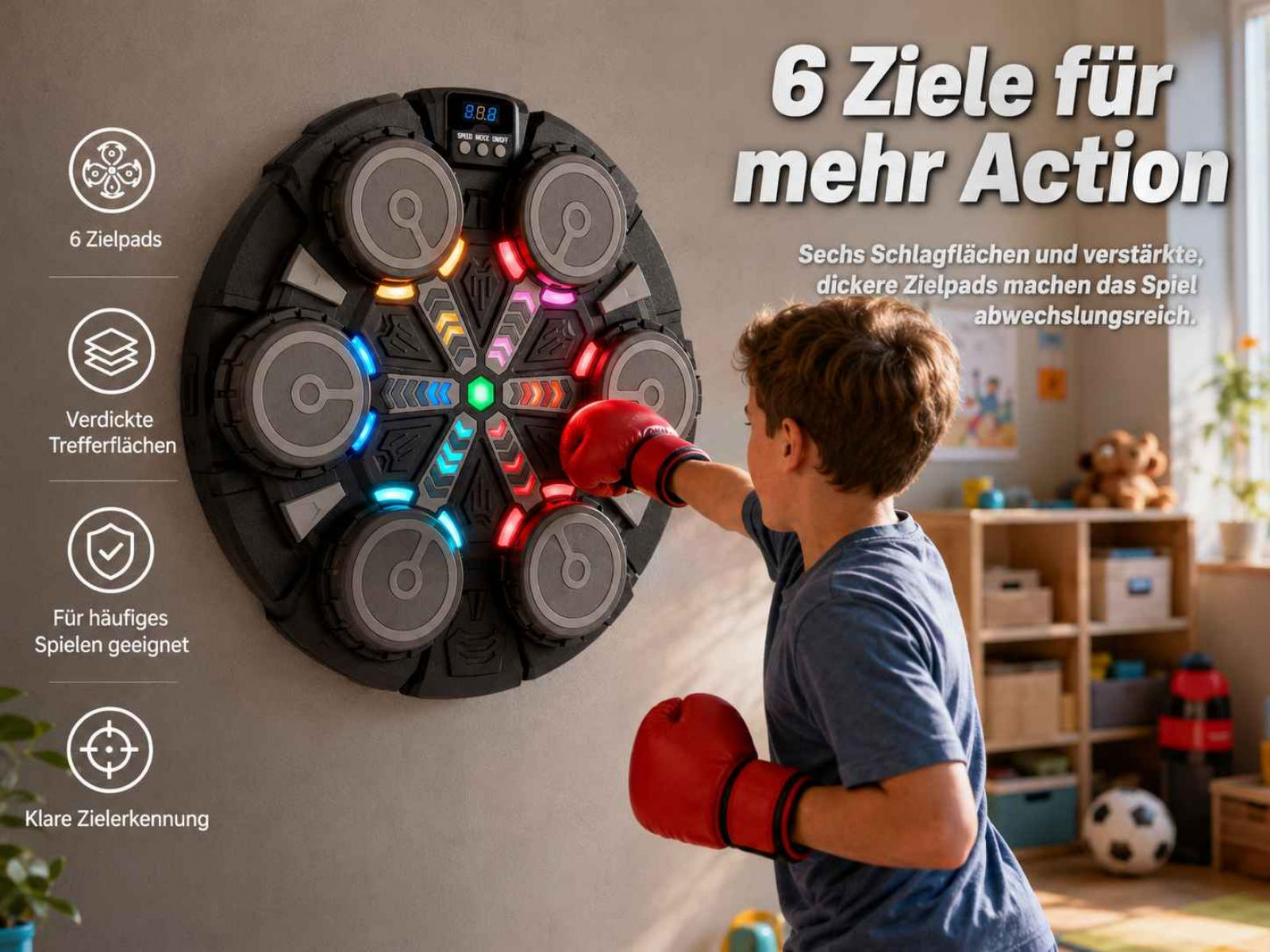 Ein Junge mit Boxhandschuhen schlägt auf ein leuchtendes Zielpad an einer Wand.