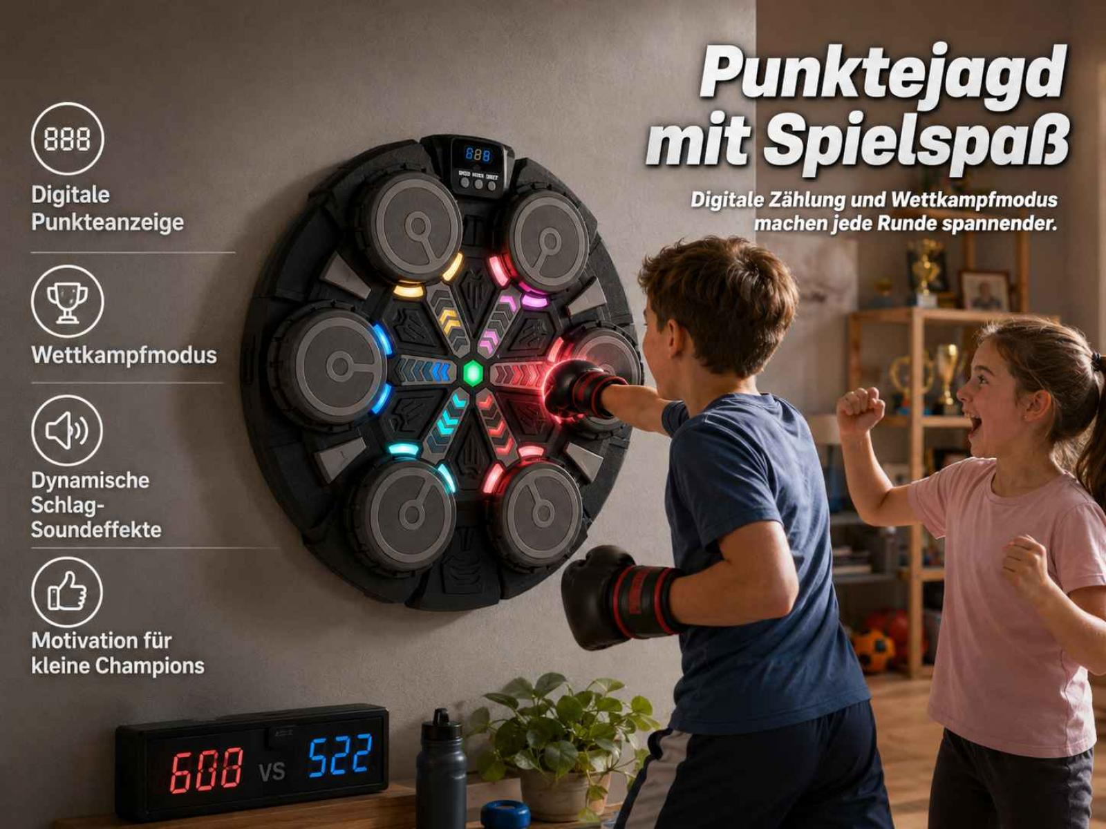 Junge boxt auf beleuchtetes Ziel, Mädchen jubelt. Digitale Anzeige zeigt 608 vs 522.