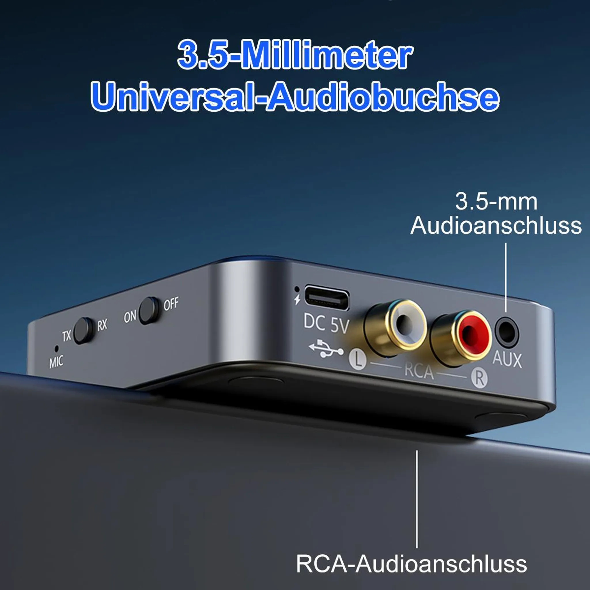 Ein tragbarer Audioadapter mit RCA- und 3,5-mm-Anschlüssen.
