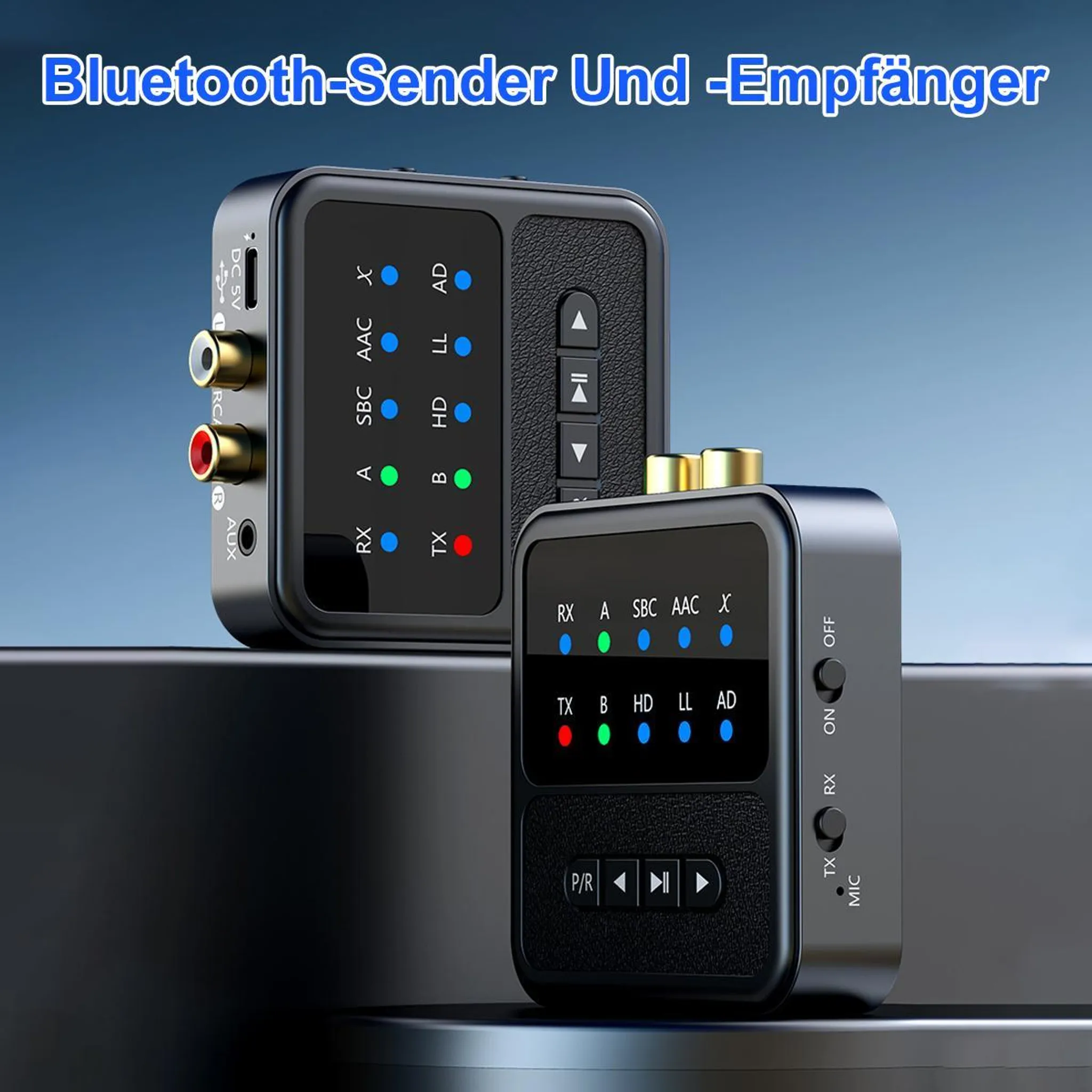 Zwei Bluetooth Sender/Empfänger mit RCA und AUX Anschlüssen. Anzeigen für RX, TX, SBC, AAC, HD.
