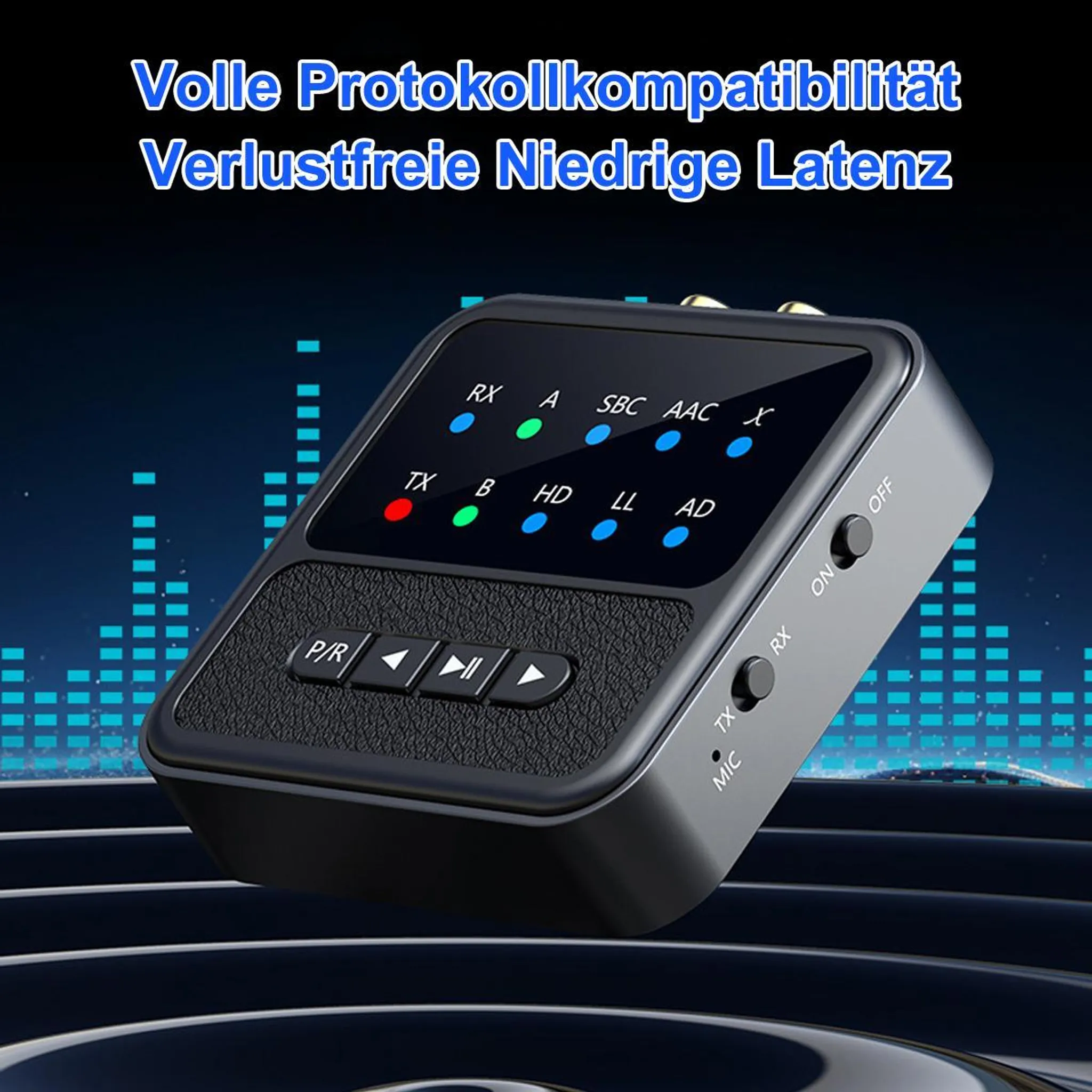 Ein schwarzer Audiotransmitter mit blauen und grünen Lichtern und Bedienelementen.