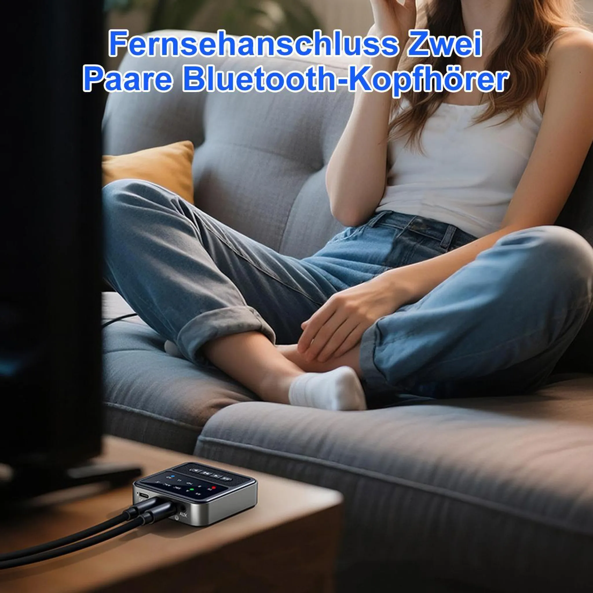 Ein Gerät verbindet einen Fernseher mit Bluetooth-Kopfhörern auf einem Sofa.