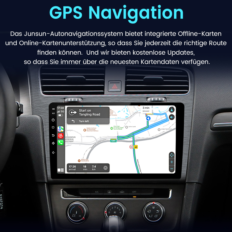 Ein Auto-Navigationssystem mit Kartenanzeige und Routenführung.