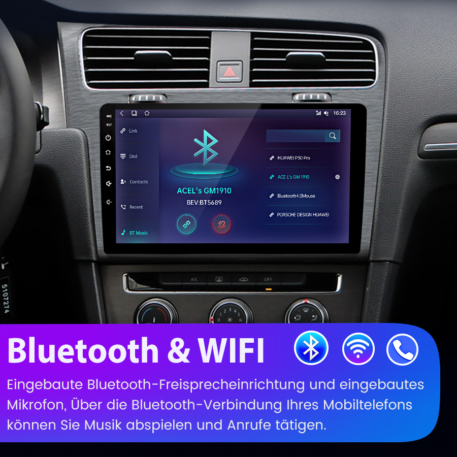 Das Bild zeigt ein Autoradio-Display mit Bluetooth-Verbindungsoptionen und eine Textebene mit "Bluetooth & WIFI".