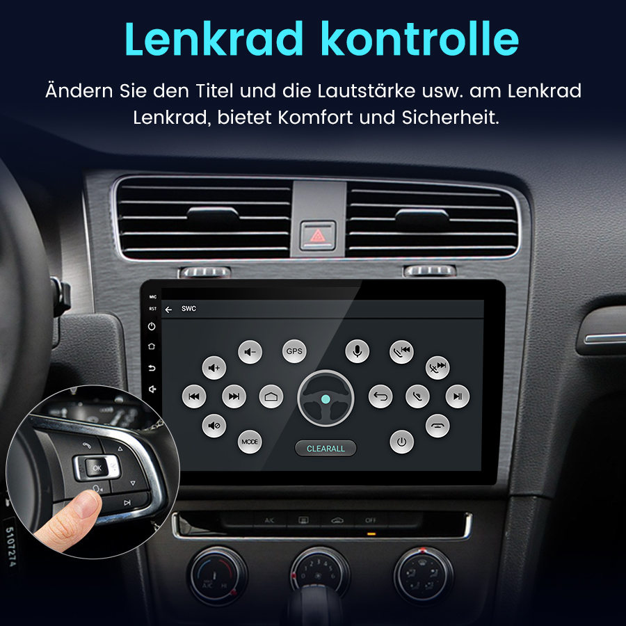 Bildschirm eines Autos mit Lenkradtasten und Navigationsmenü.