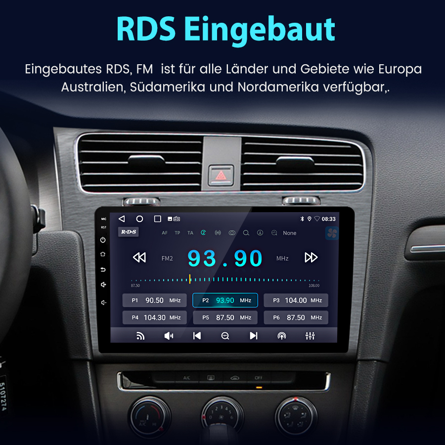Ein Autoradio mit RDS-Anzeige, das 93.90 MHz anzeigt.