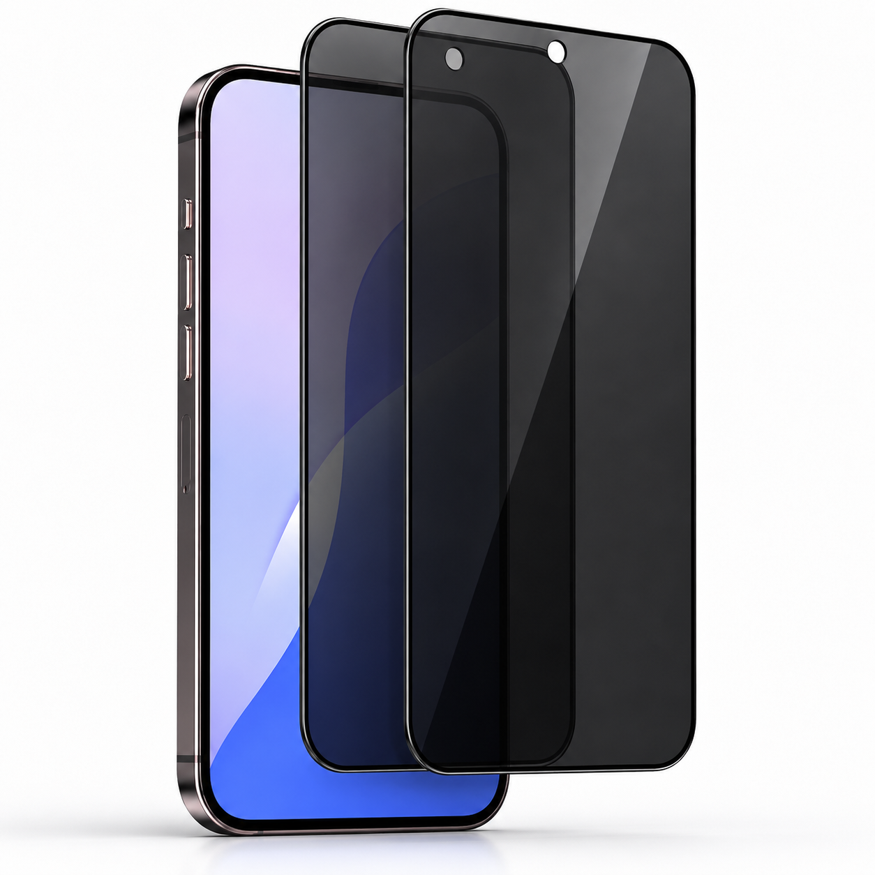 Ein Smartphone mit einem blauen Bildschirm, daneben zwei Sichtschutzfolien.