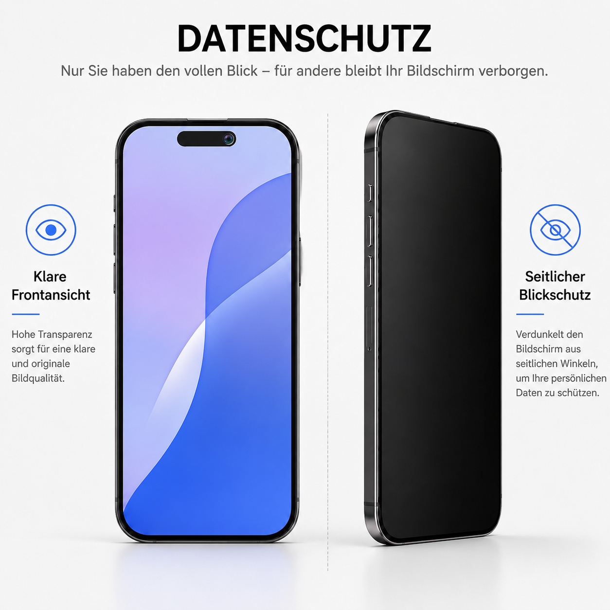 Zwei Ansichten eines Smartphones: Eine zeigt klare Frontansicht, die andere seitlichen Blickschutz.