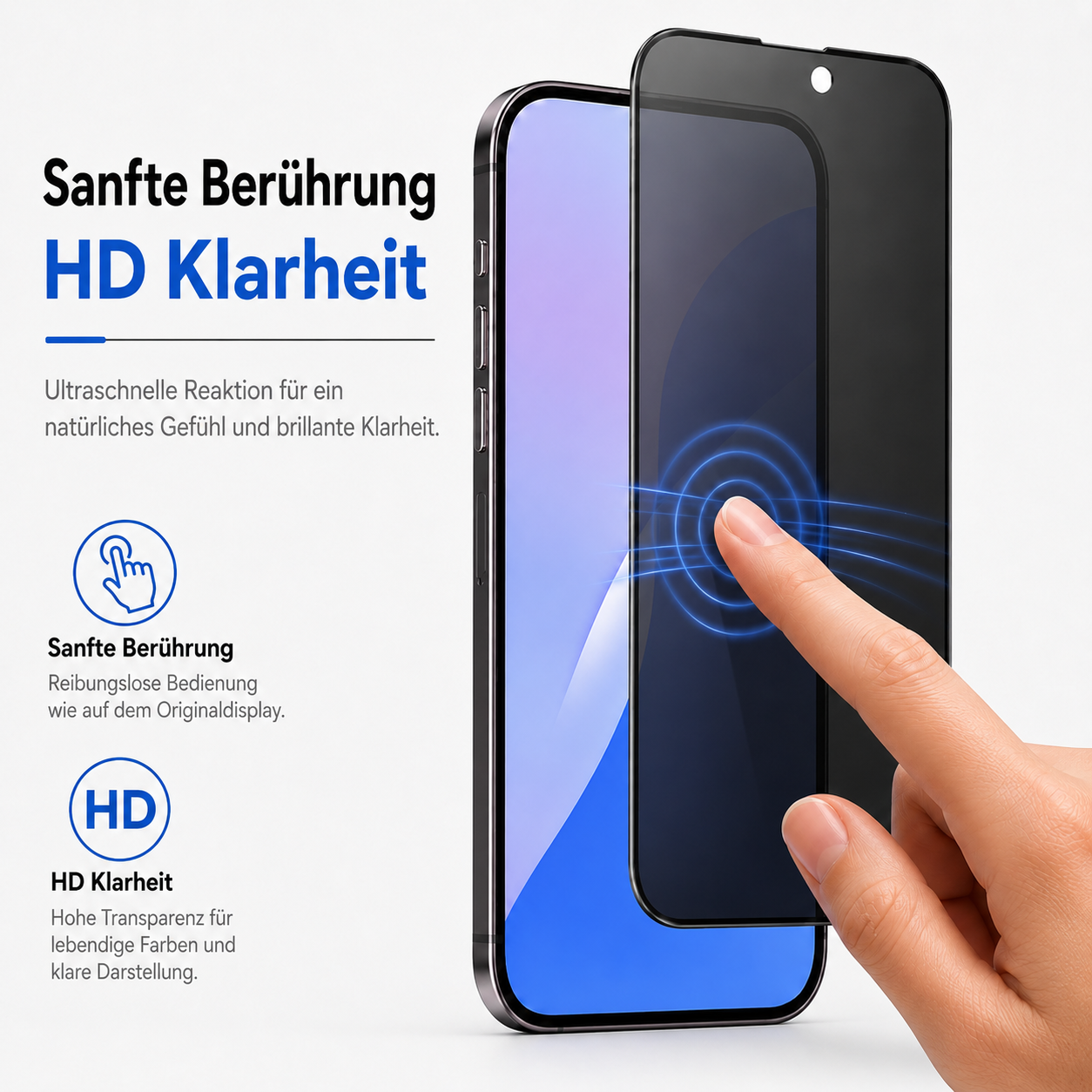 Eine Hand berührt einen Touchscreen mit einer Schutzfolie. Text hebt HD-Klarheit hervor.