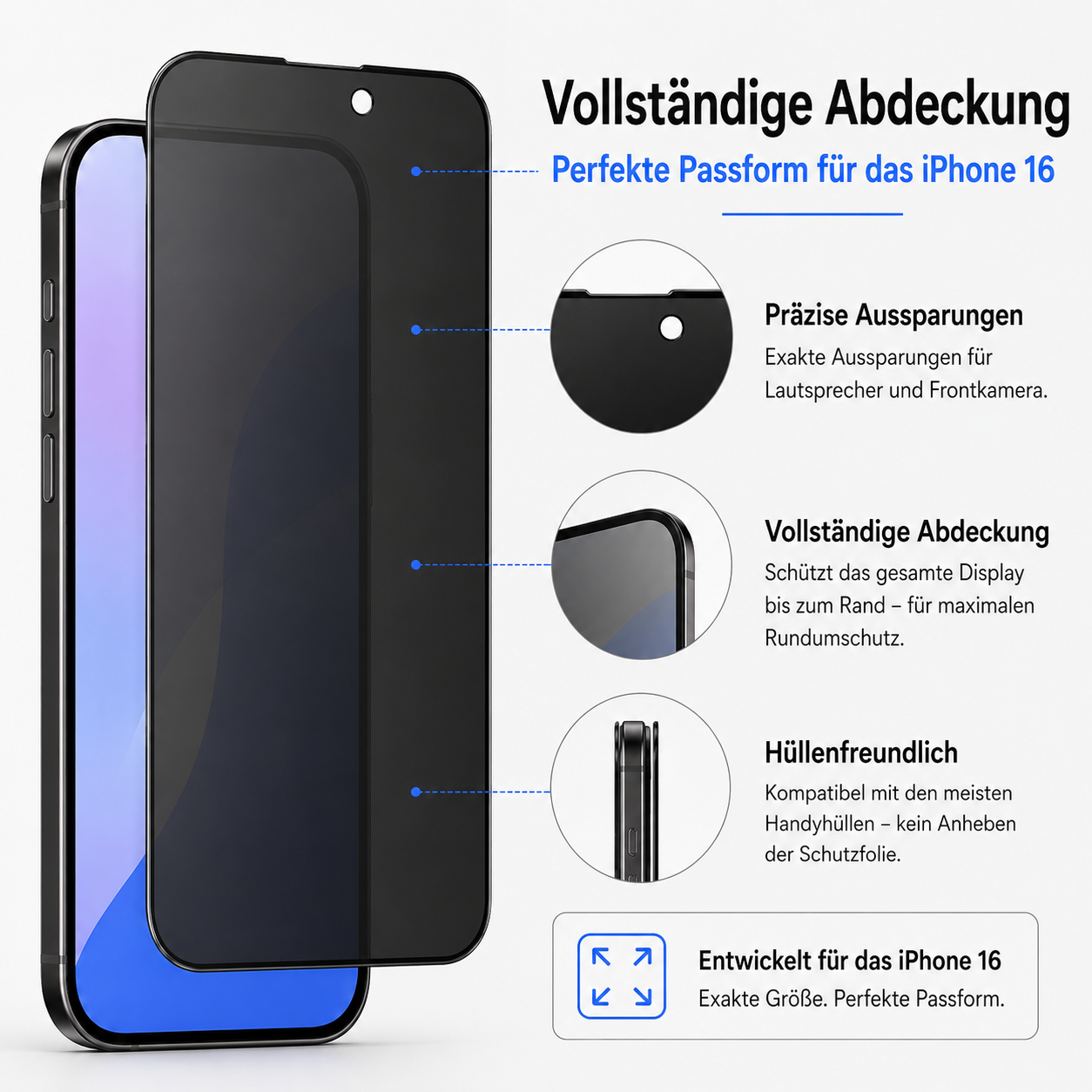 Schwarzes iPhone 16 mit Displayschutzfolie, die präzise Aussparungen zeigt.