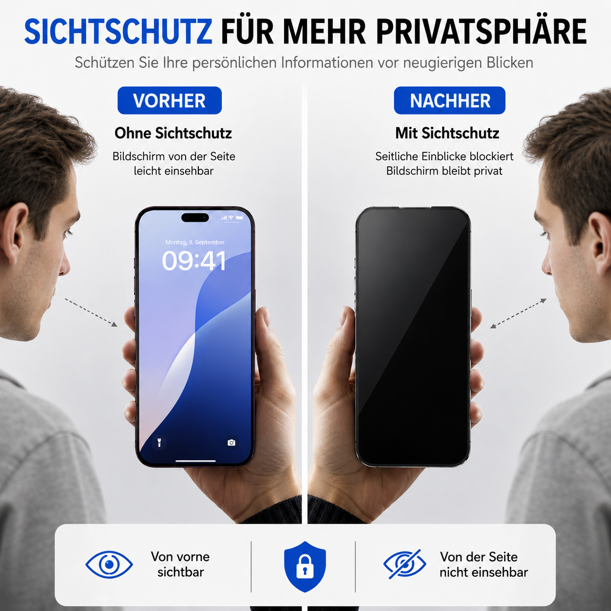 Vorher/Nachher Vergleich: Handy-Sichtschutz blockiert seitliche Blicke.