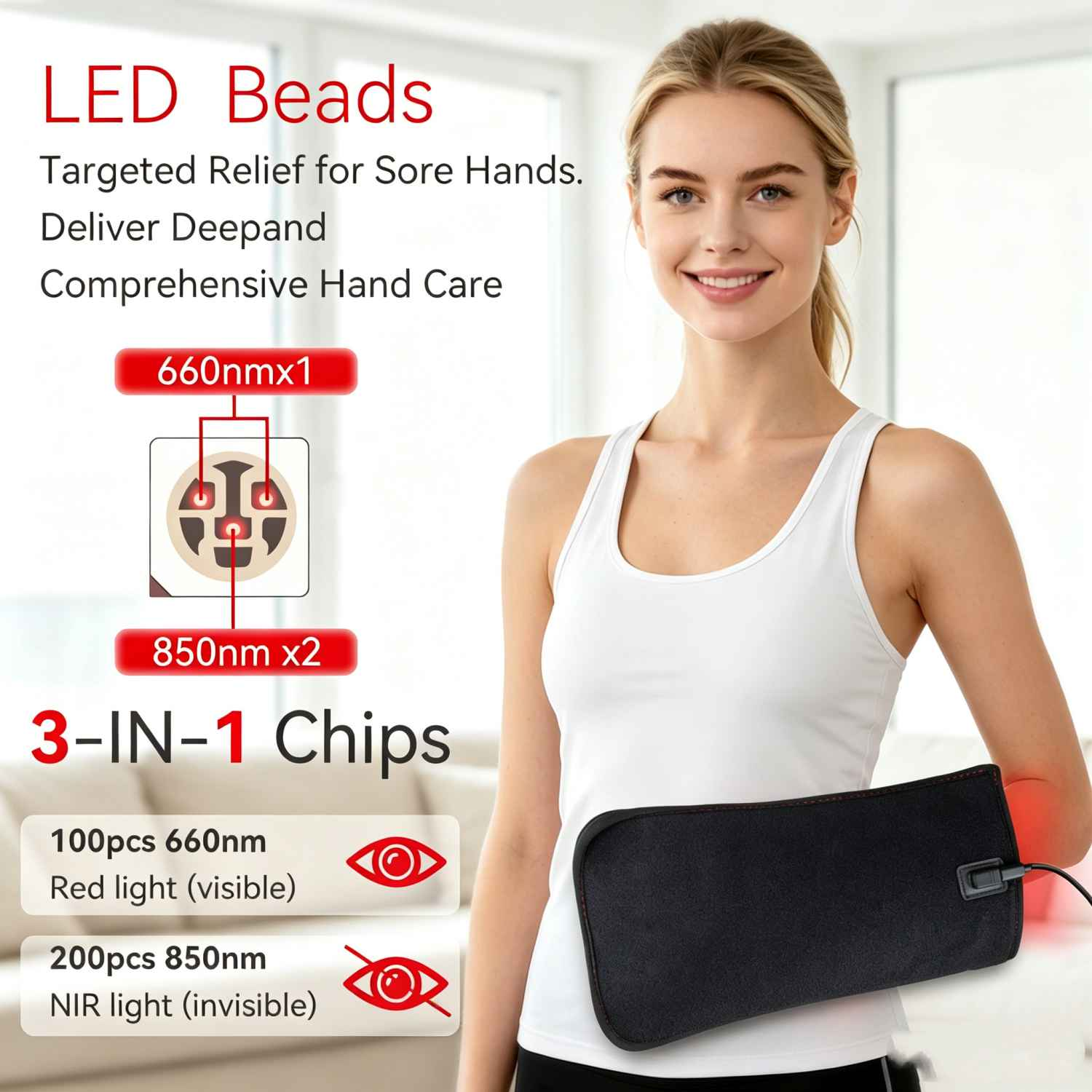 Eine Frau mit weißem Top trägt ein schwarzes Handwärmepad am Arm. Text über LED-Perlen und Handpflege.