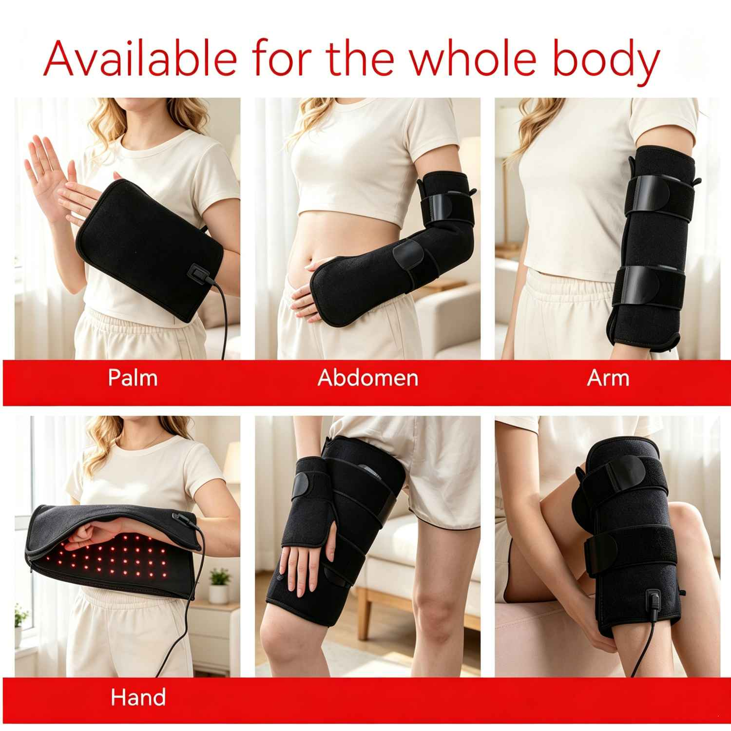 Sechs Bilder zeigen schwarze Bandagen für verschiedene Körperteile: Handfläche, Bauch, Arm, Hand, Bein und Knie.
