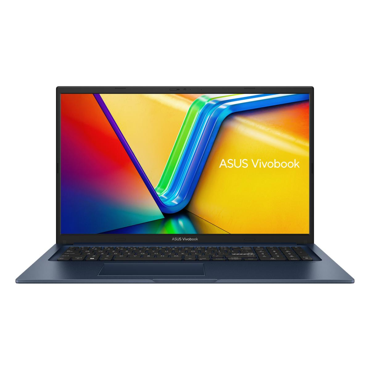 Dunkelblauer Asus Vivobook Laptop mit buntem Hintergrund auf dem Bildschirm.