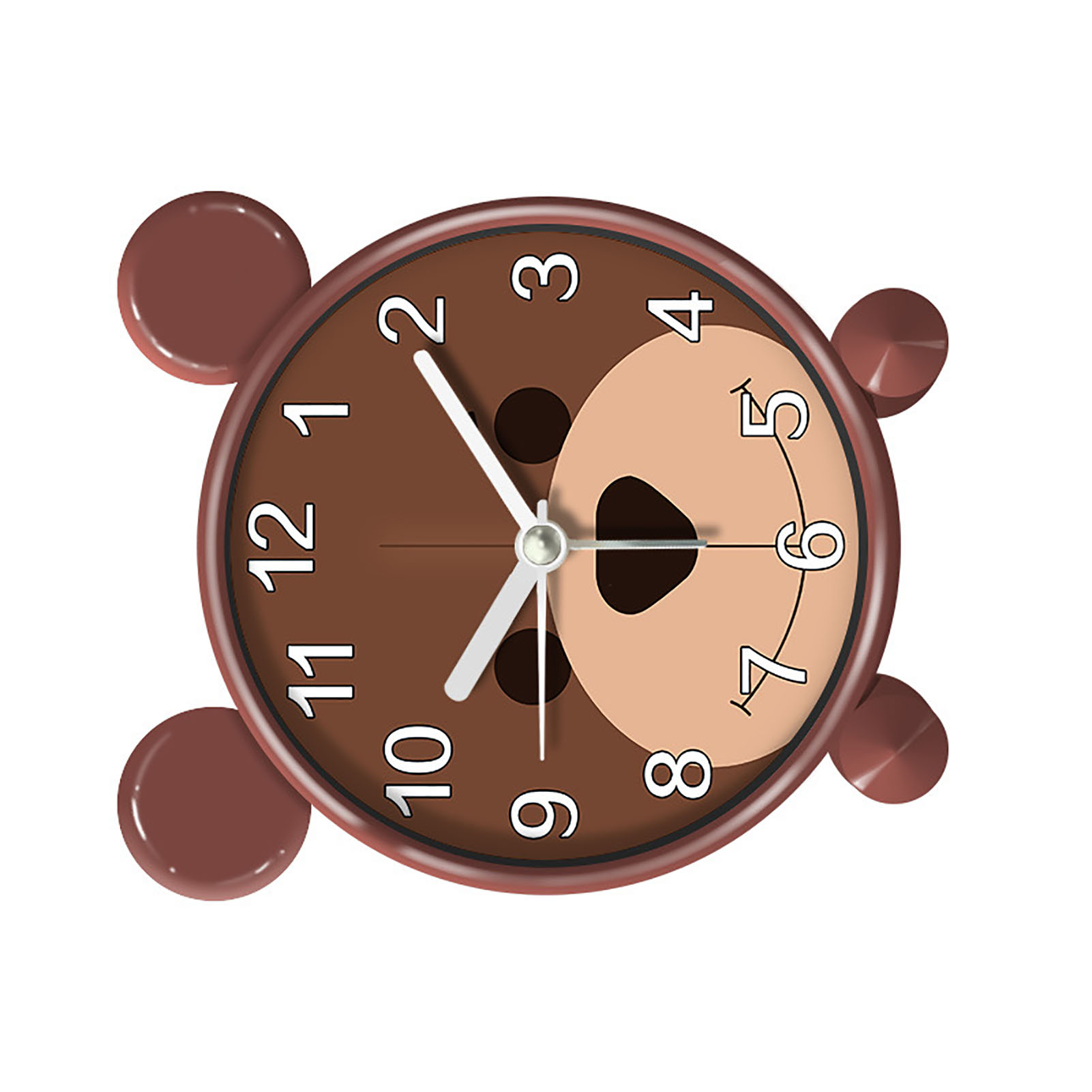 Braune Bärenuhr mit weißen Zeigern und Zahlen auf weißem Hintergrund.