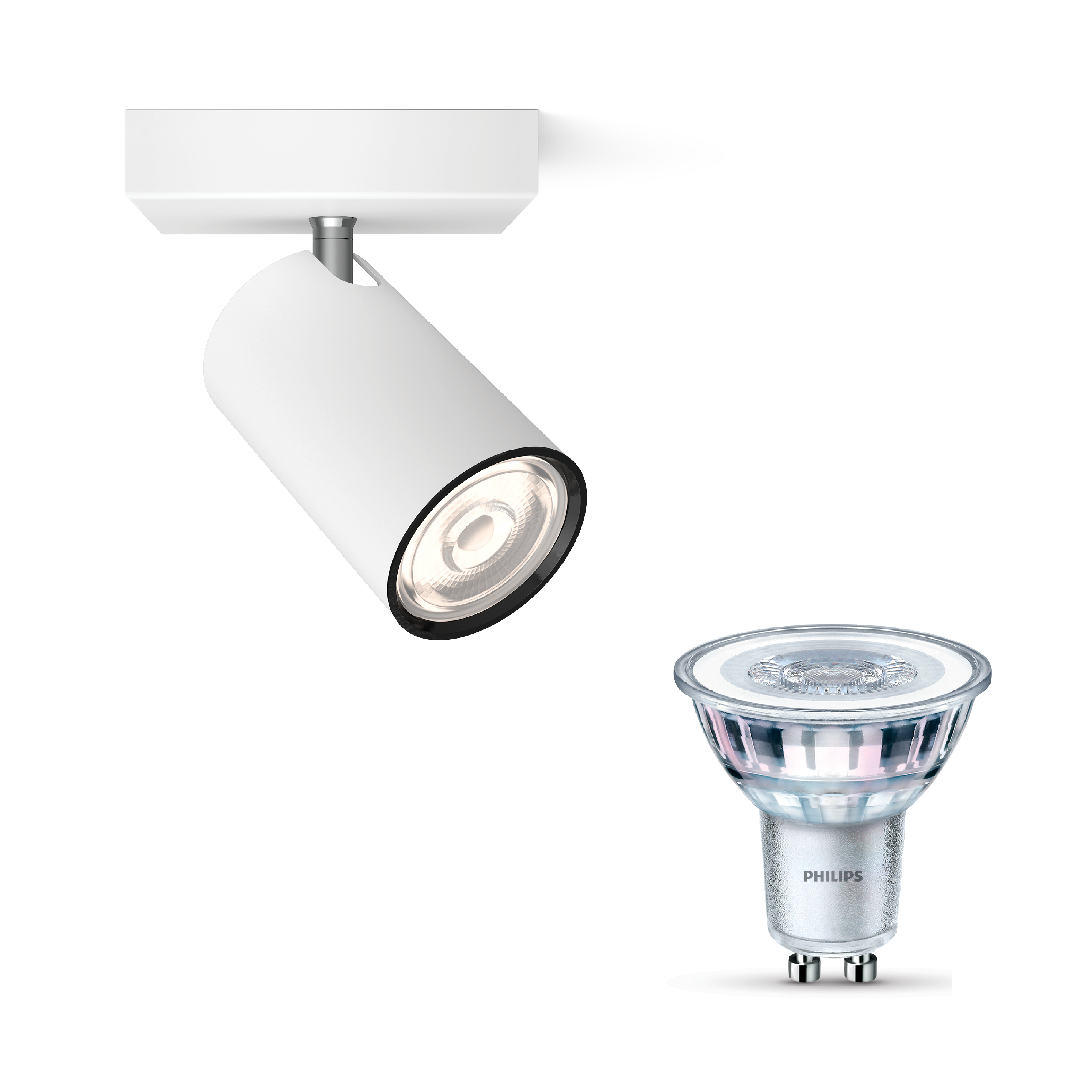 Ein weißer Deckenstrahler und eine Philips LED-Lampe auf weißem Grund.
