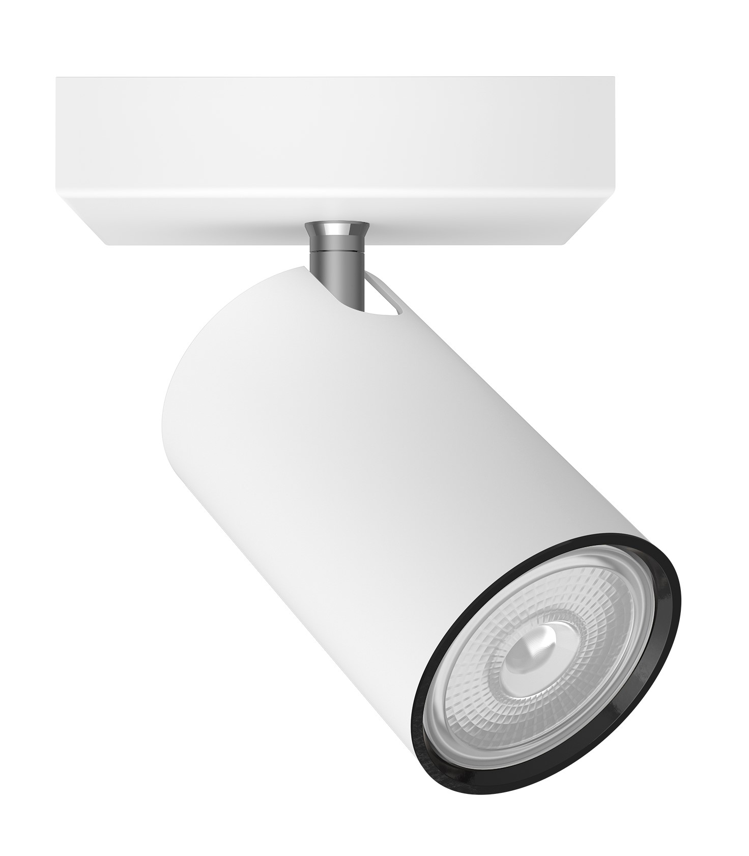 Eine weiße zylindrische Lampe mit silbernem Gelenk, montiert an einer weißen Deckenplatte.