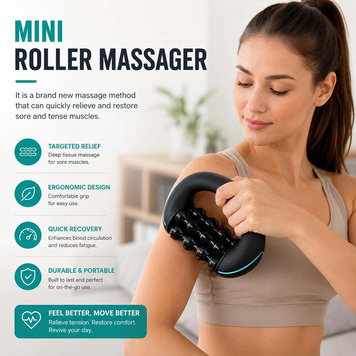 Frau massiert Schulter mit schwarzem Mini-Roller-Massagegerät. Text hebt Vorteile hervor.
