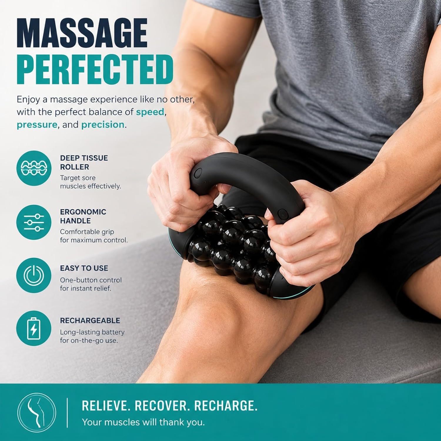 Mann benutzt eine schwarze Massage-Rolle mit mehreren Kugeln am Bein. Text wirbt für Massage.