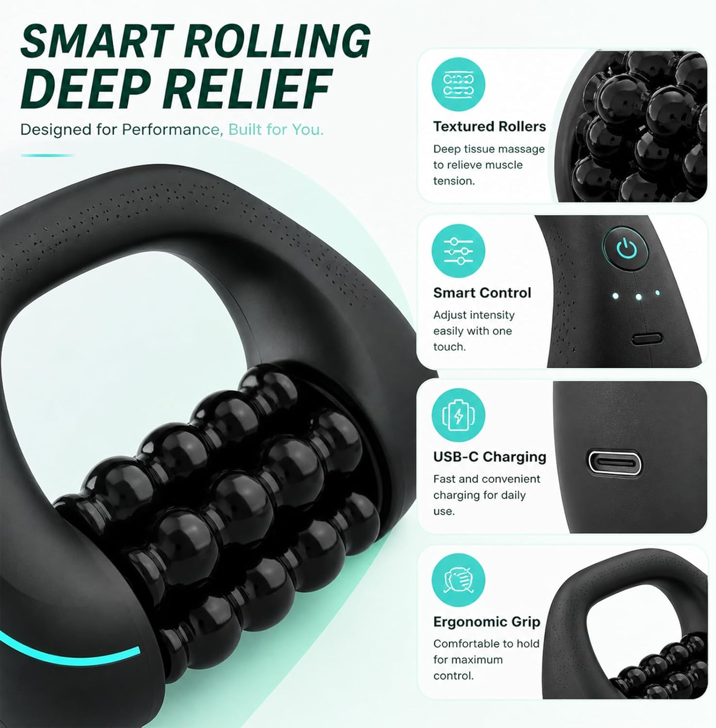 Schwarzer Massageball mit Rollen, USB-C-Ladeanschluss und Griff.