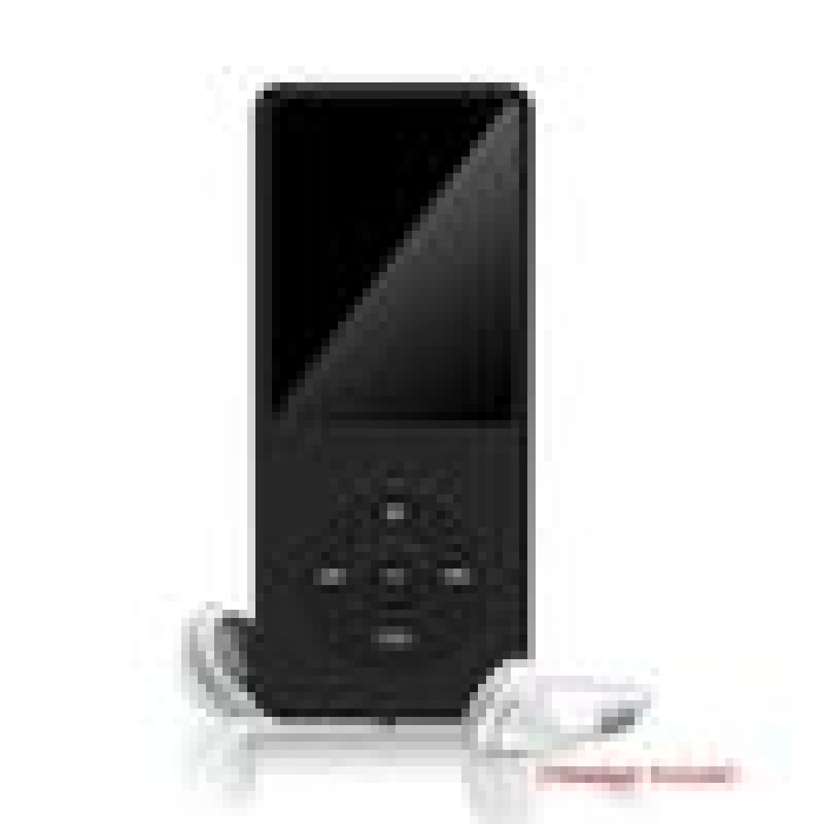 Schwarzer MP3-Player mit Kopfhörern, weiße Ohrstöpsel, auf weißem Hintergrund.