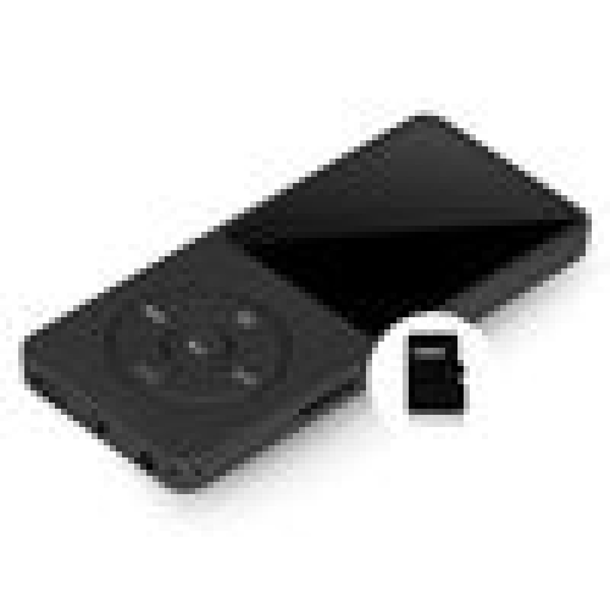 Schwarzer MP3-Player mit Bedienelementen und einem kleinen abgebildeten Zubehörteil.