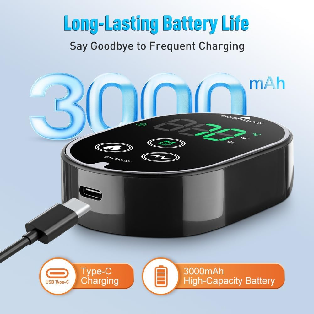 Schwarzes Gerät mit USB-C-Anschluss, 3000mAh Akku und Digitalanzeige.