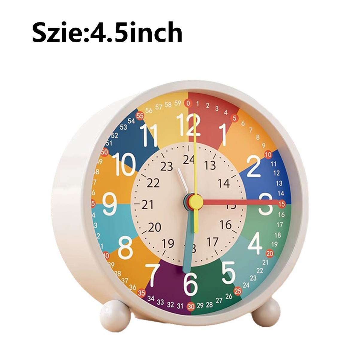 Ein bunter Wecker mit Zifferblatt, Zahlen und Zeigern.