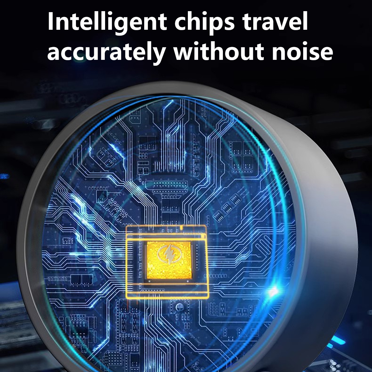 Nahaufnahme eines leuchtend gelben Chips auf einer blauen Leiterplatte mit Text.