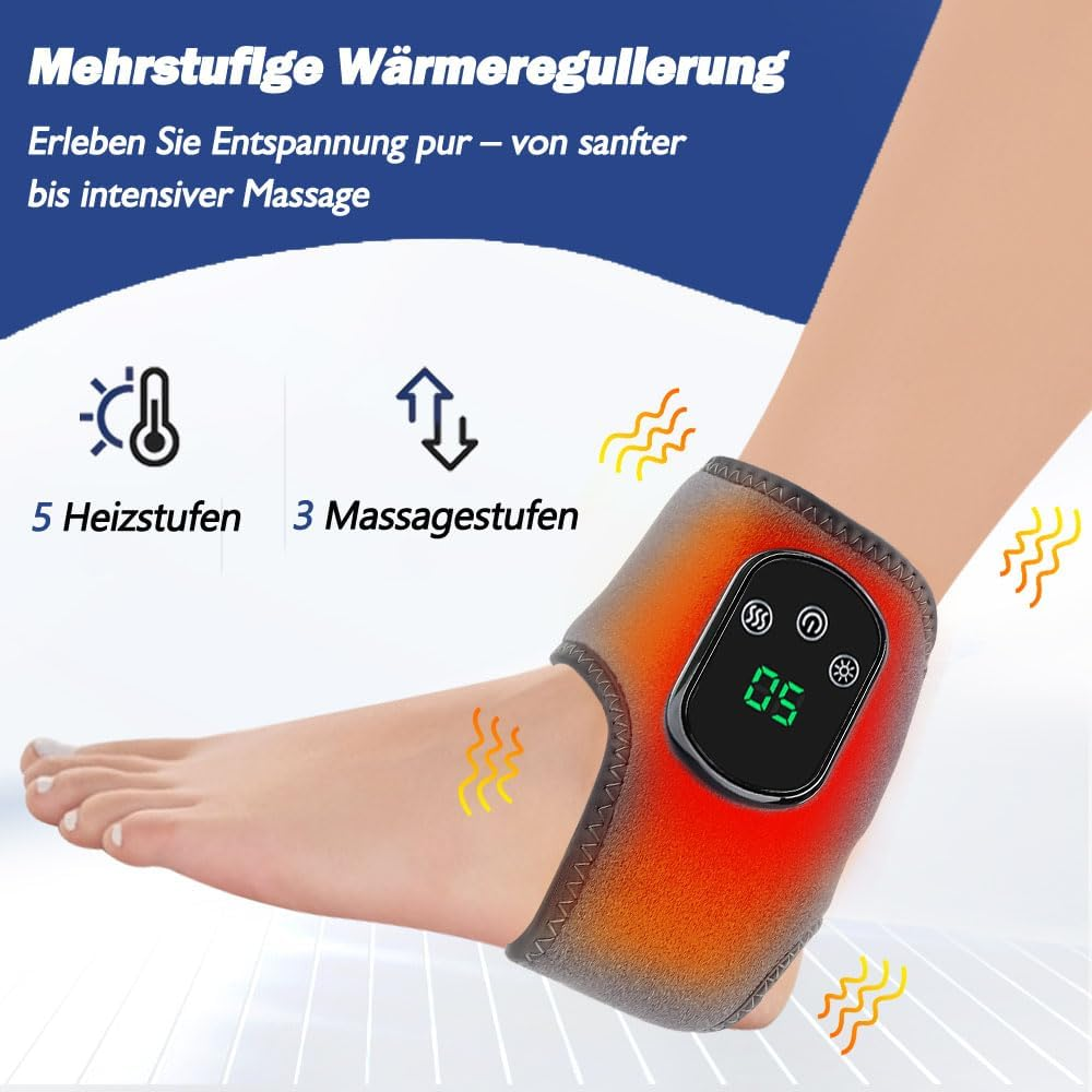 Ein Heiz- und Massagegerät am Fuß mit Digitalanzeige 05 und Wellen.