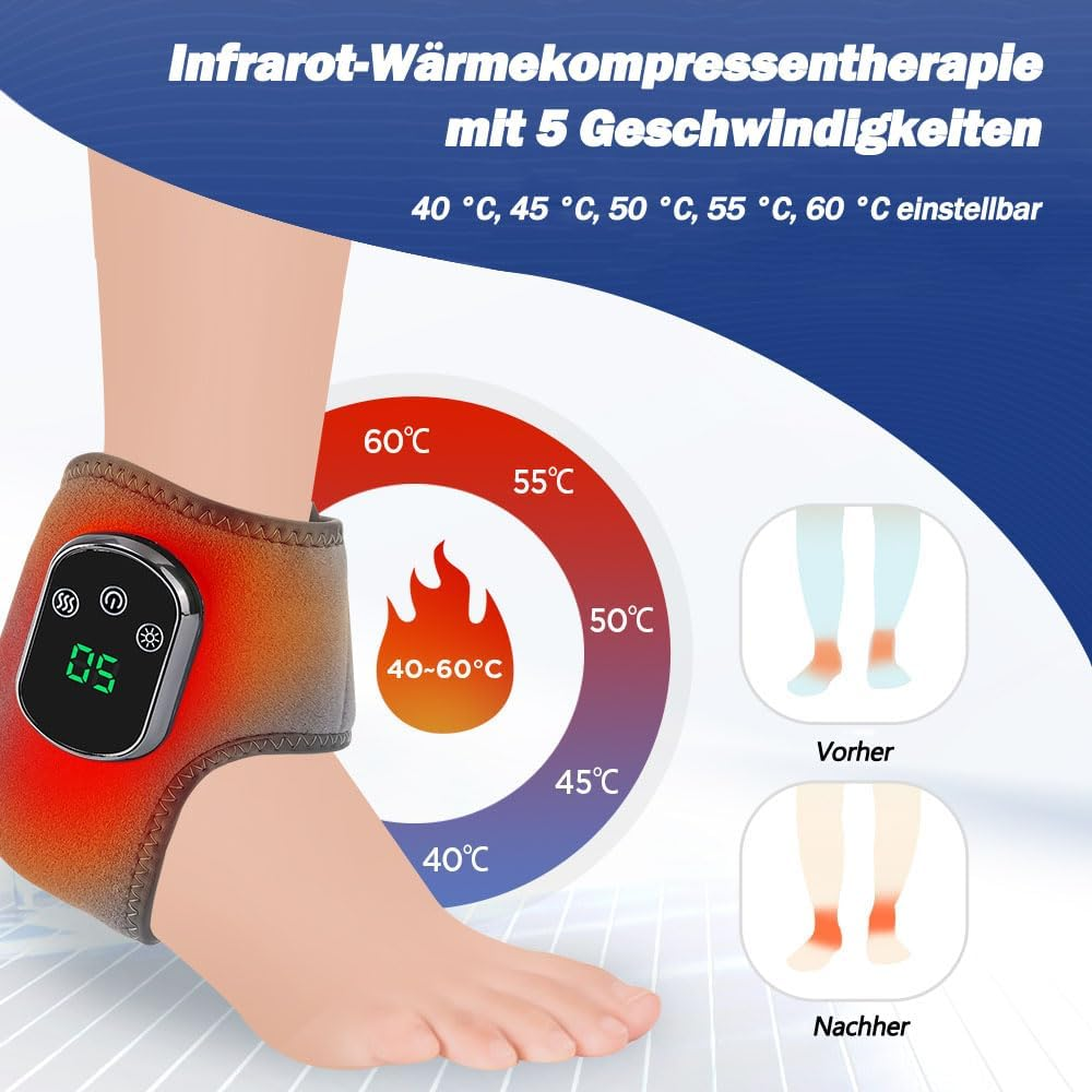 Ein Fuß mit einem roten Heizverband am Knöchel, Temperaturregler und Temperaturkreis.