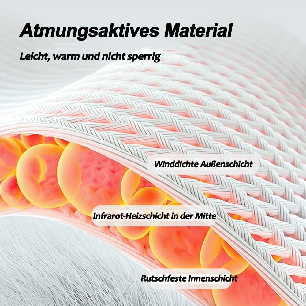 Dreischichtmaterial: Winddichte Außenschicht, Infrarot-Heizschicht, Rutschfeste Innenschicht.