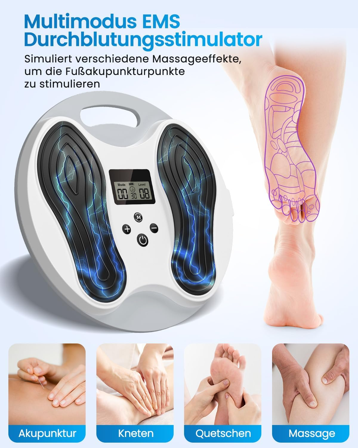 EMS Fußmassagegerät mit verschiedenen Modi und vier Abbildungen von Massagetechniken.