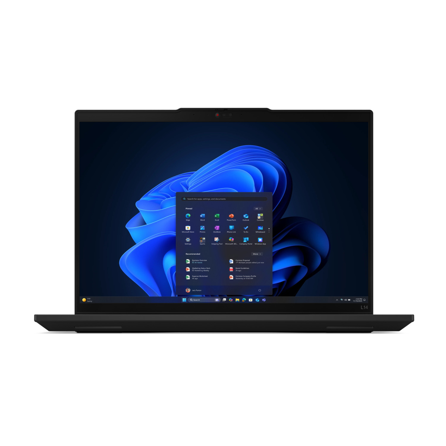 Un laptop Lenovo nero con il menu Start di Windows 11 aperto sullo schermo.