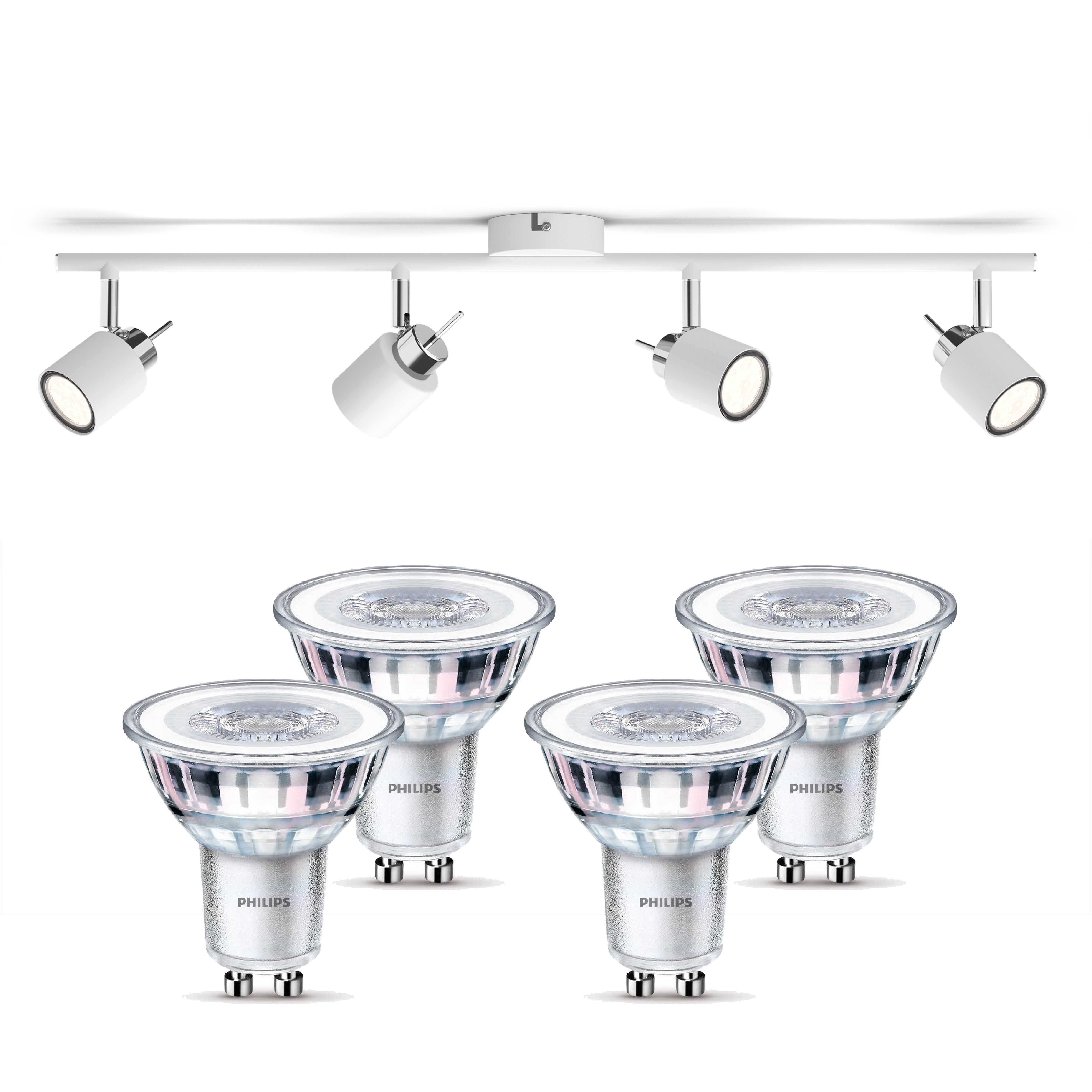 Vier weiße Philips GU10 LED-Lampen und eine weiße Deckenleuchte mit vier Strahlern.