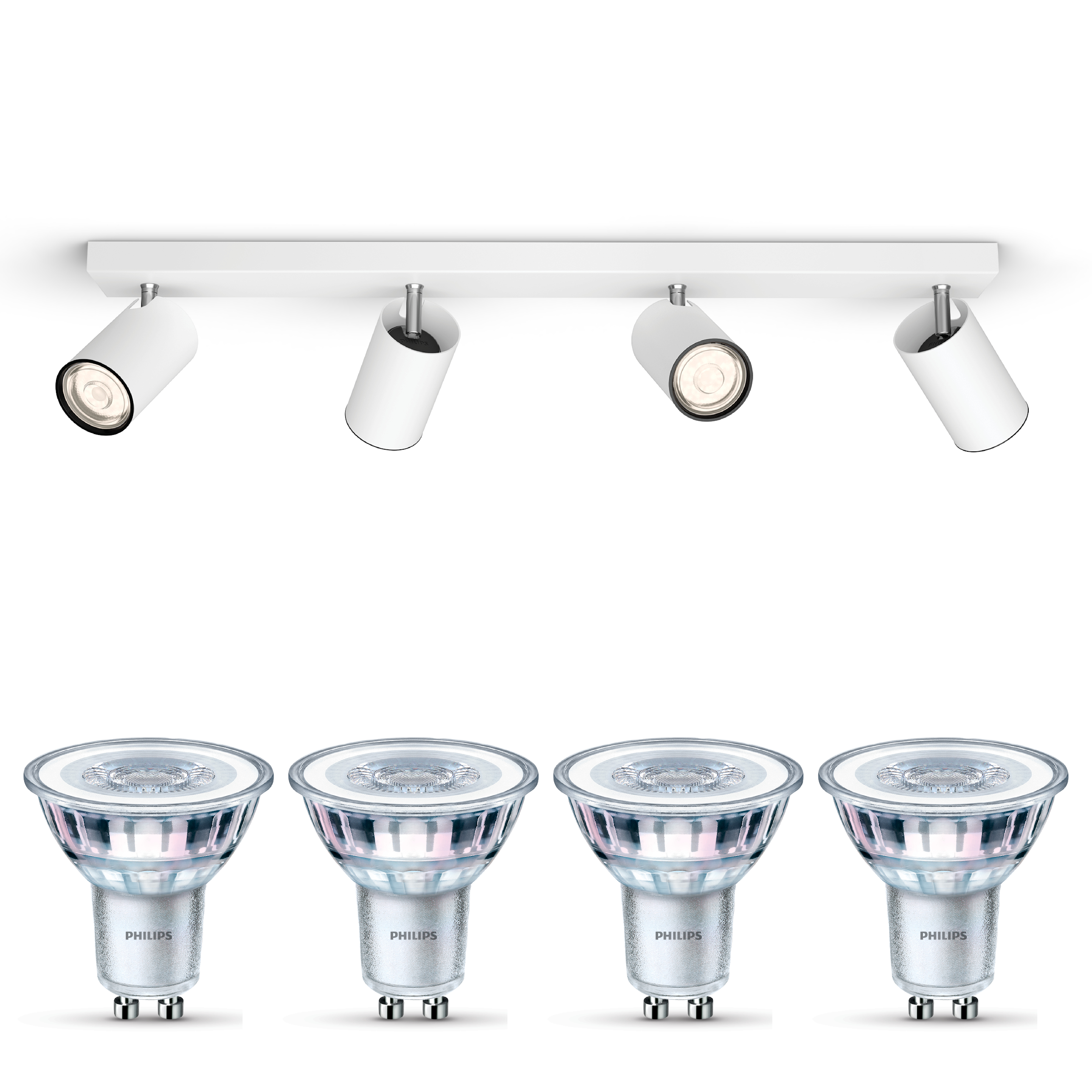 Vier weiße LED-Spots auf einer Schiene und vier einzelne Philips-Lampen.