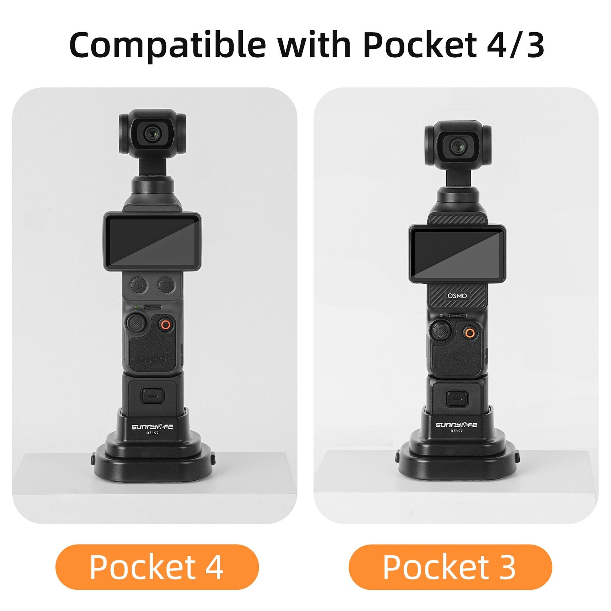 Zwei schwarze Gimbal-Kameras nebeneinander, beschriftet mit Pocket 4 und Pocket 3.