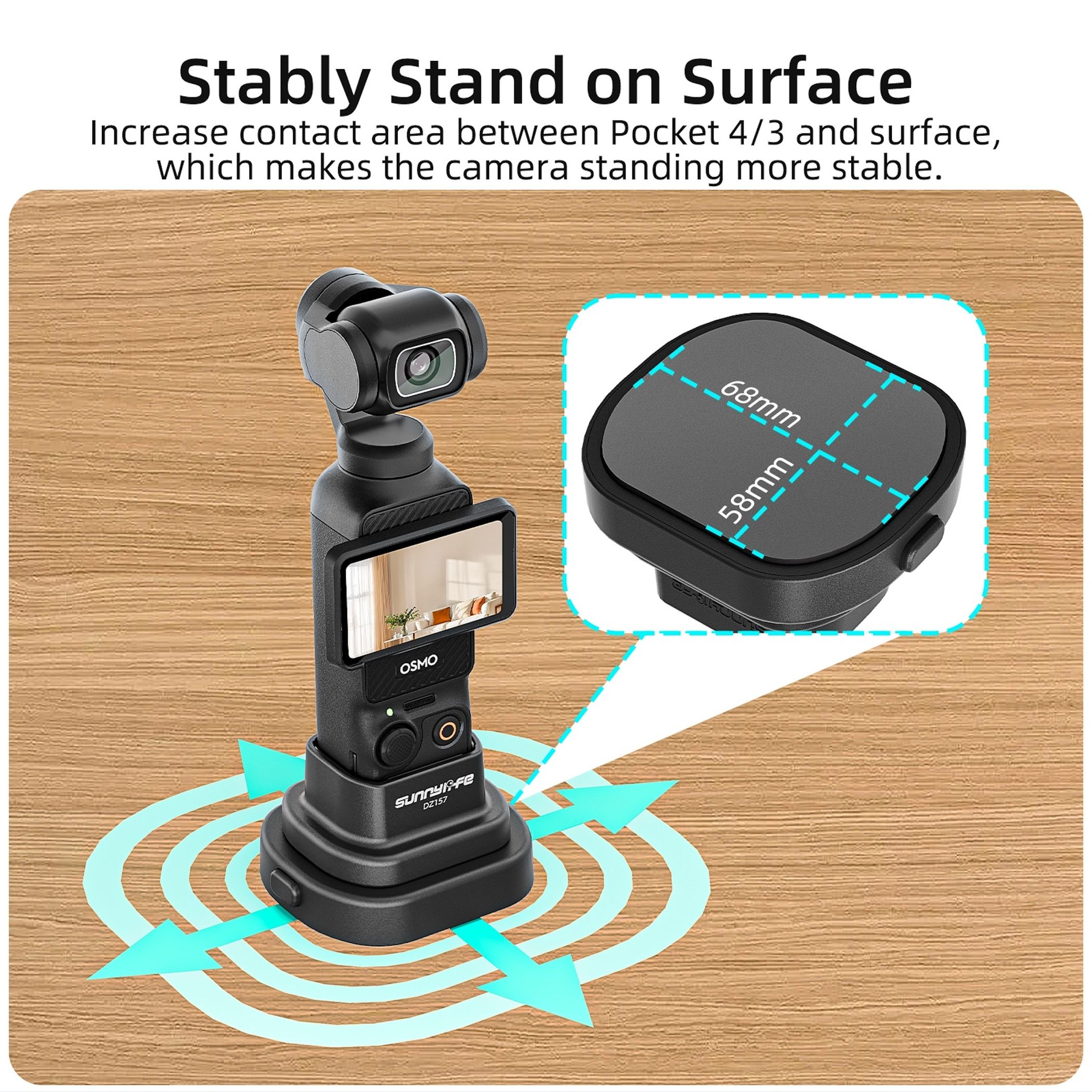 Stabilisator mit 58/68mm Basis steht stabil auf Holzoberfläche.
