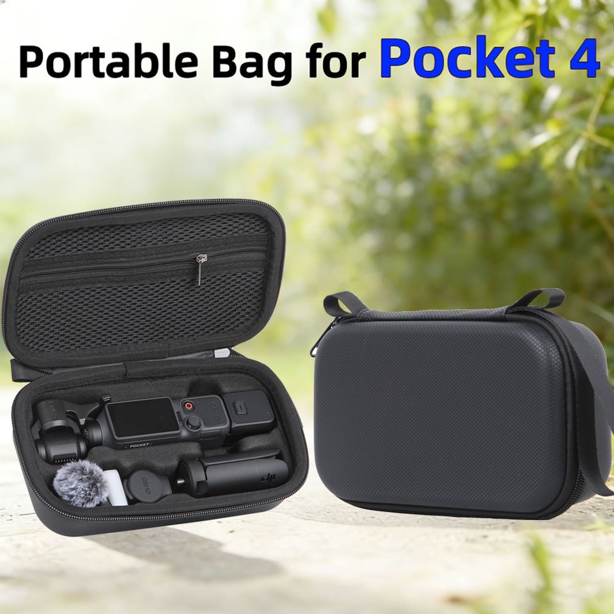 Schwarze Tasche mit DJI Osmo Pocket 4 und Zubehör, offen und geschlossen.