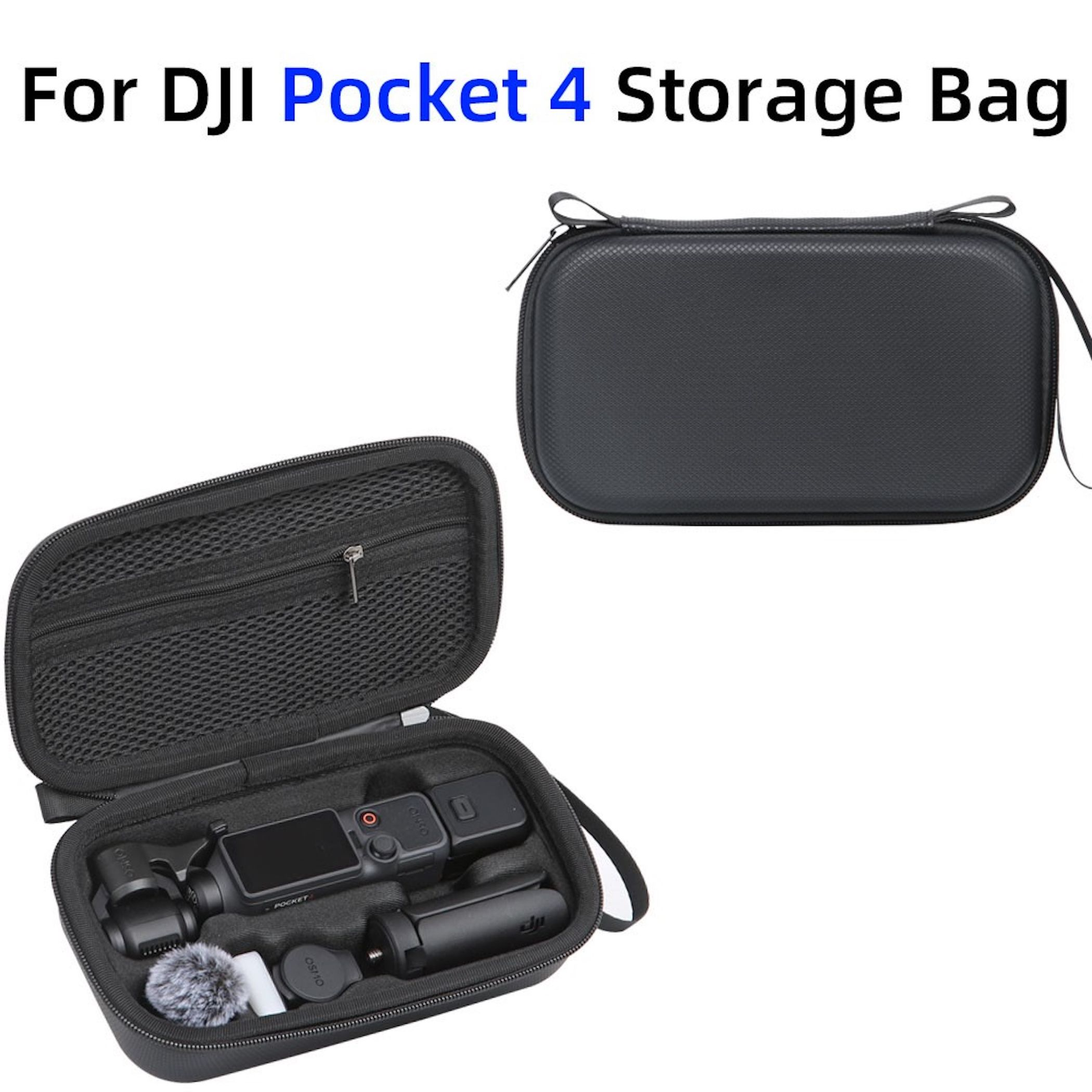 Schwarze DJI Pocket 4 Aufbewahrungstasche geöffnet mit Zubehör darin.