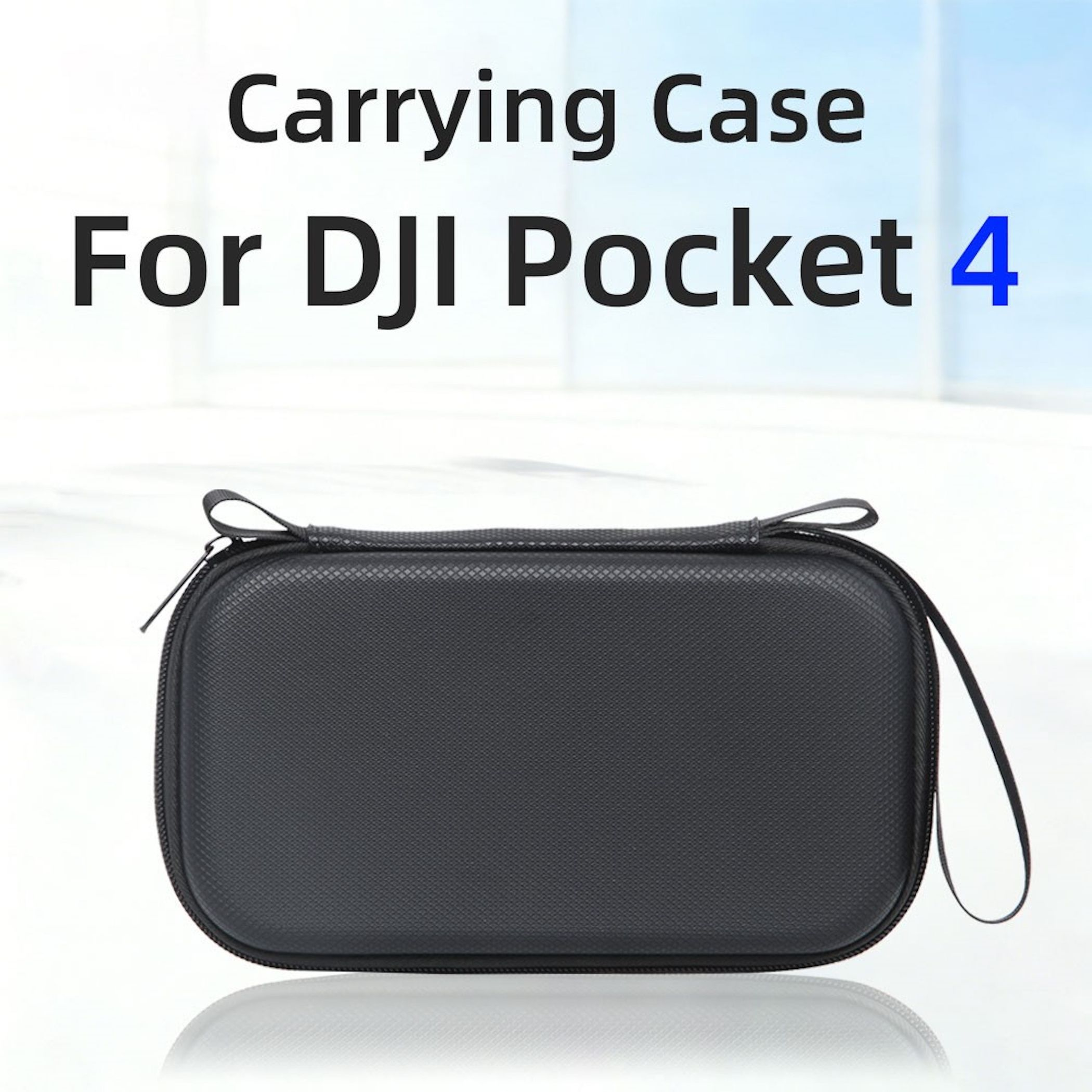 Schwarze DJI Pocket 4 Tragetasche mit Reißverschluss und Trageschlaufe.