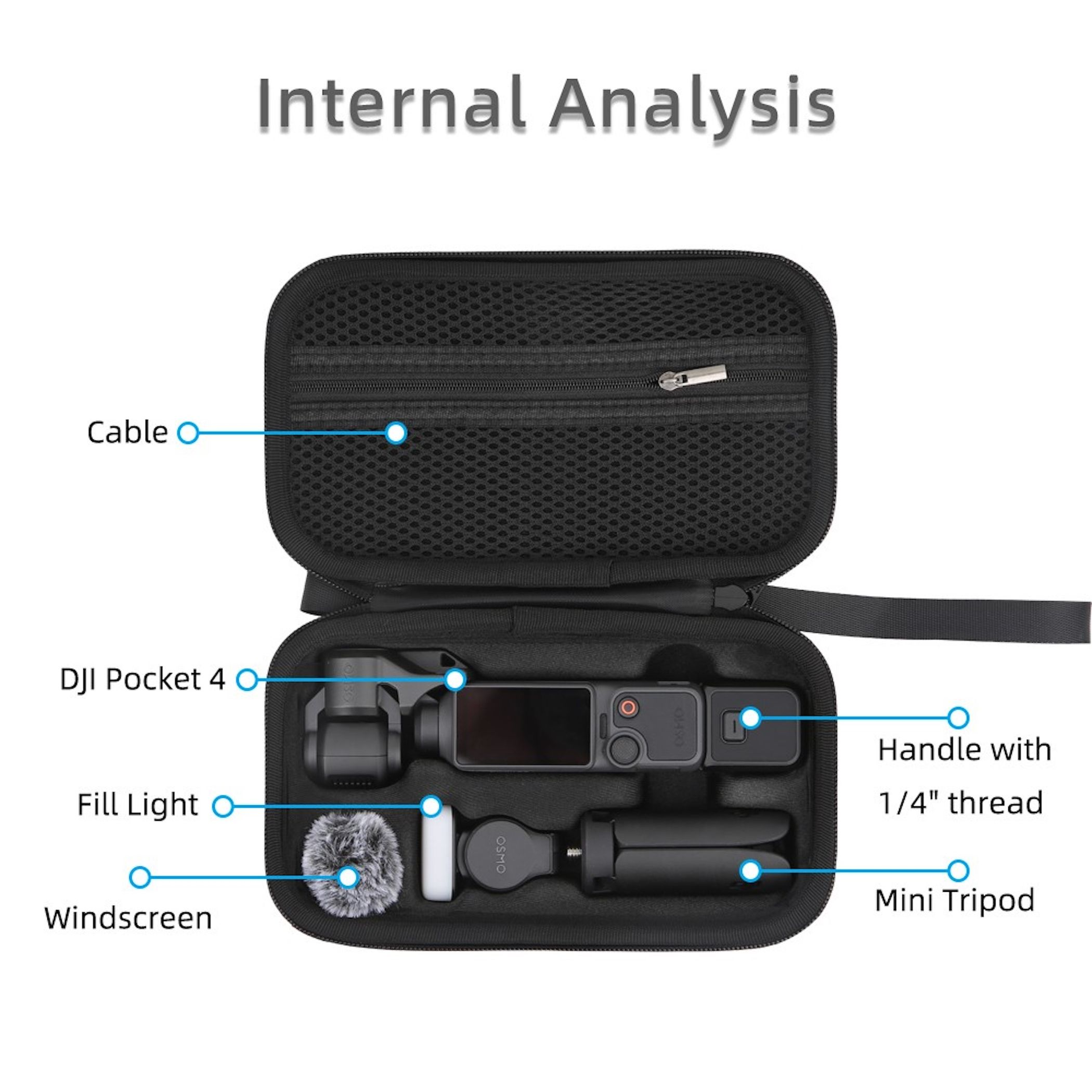 DJI Pocket 4 im Koffer mit Zubehör: Kabel, Fülllicht, Windschutz, Griff und Stativ.