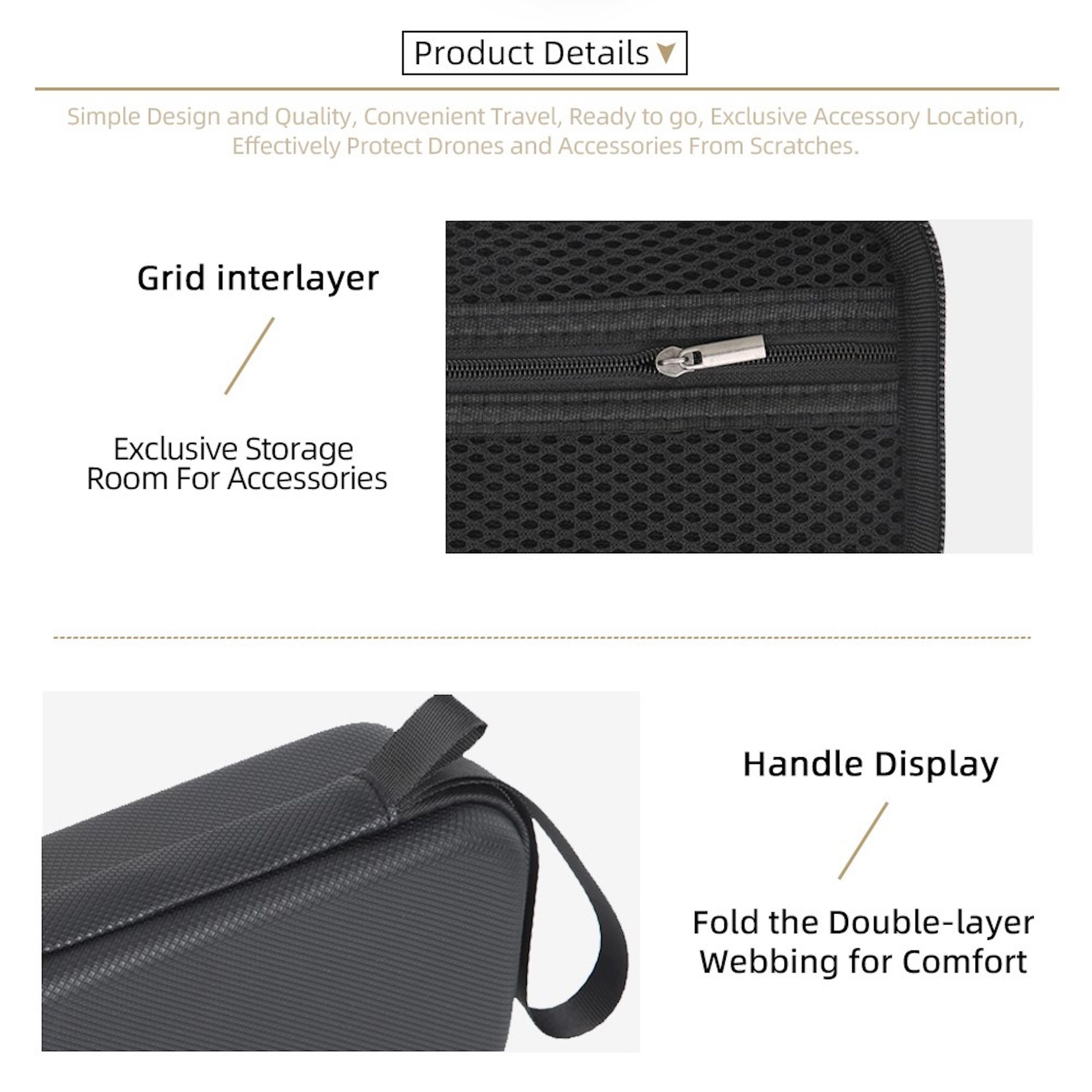 Schwarze Tasche mit Reißverschluss und Netzgewebe-Innenfutter. Griff-Detail.