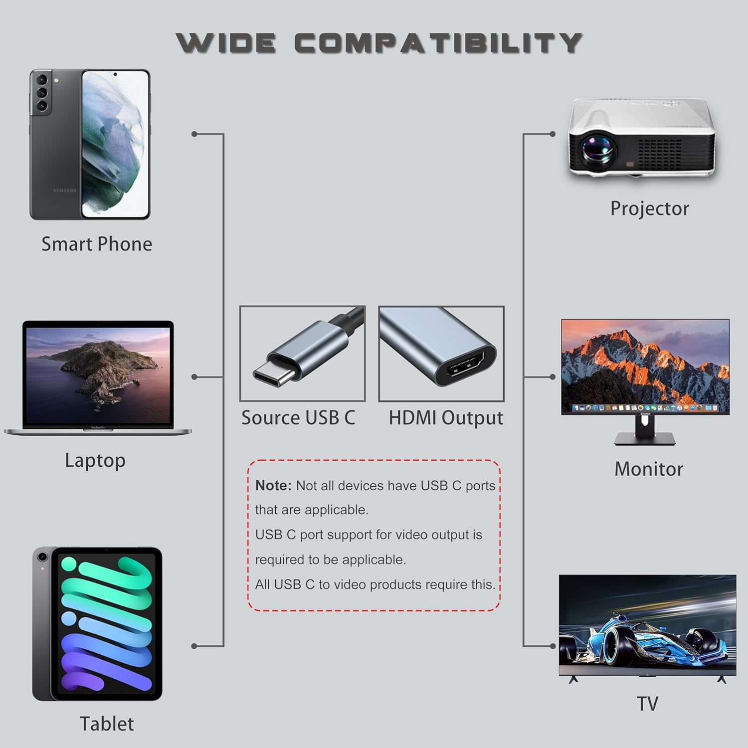 Schema zeigt breite Kompatibilität: Smartphone, Laptop, Tablet, Projektor, Monitor, TV.