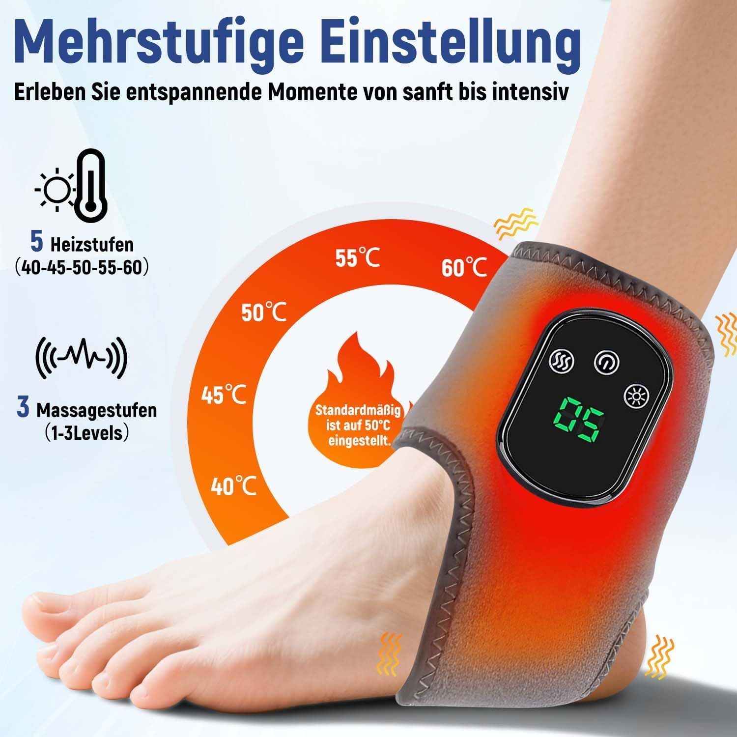 Fußwärmer mit digitaler Anzeige, 5 Heiz- und 3 Massagestufen, 40-60°C.