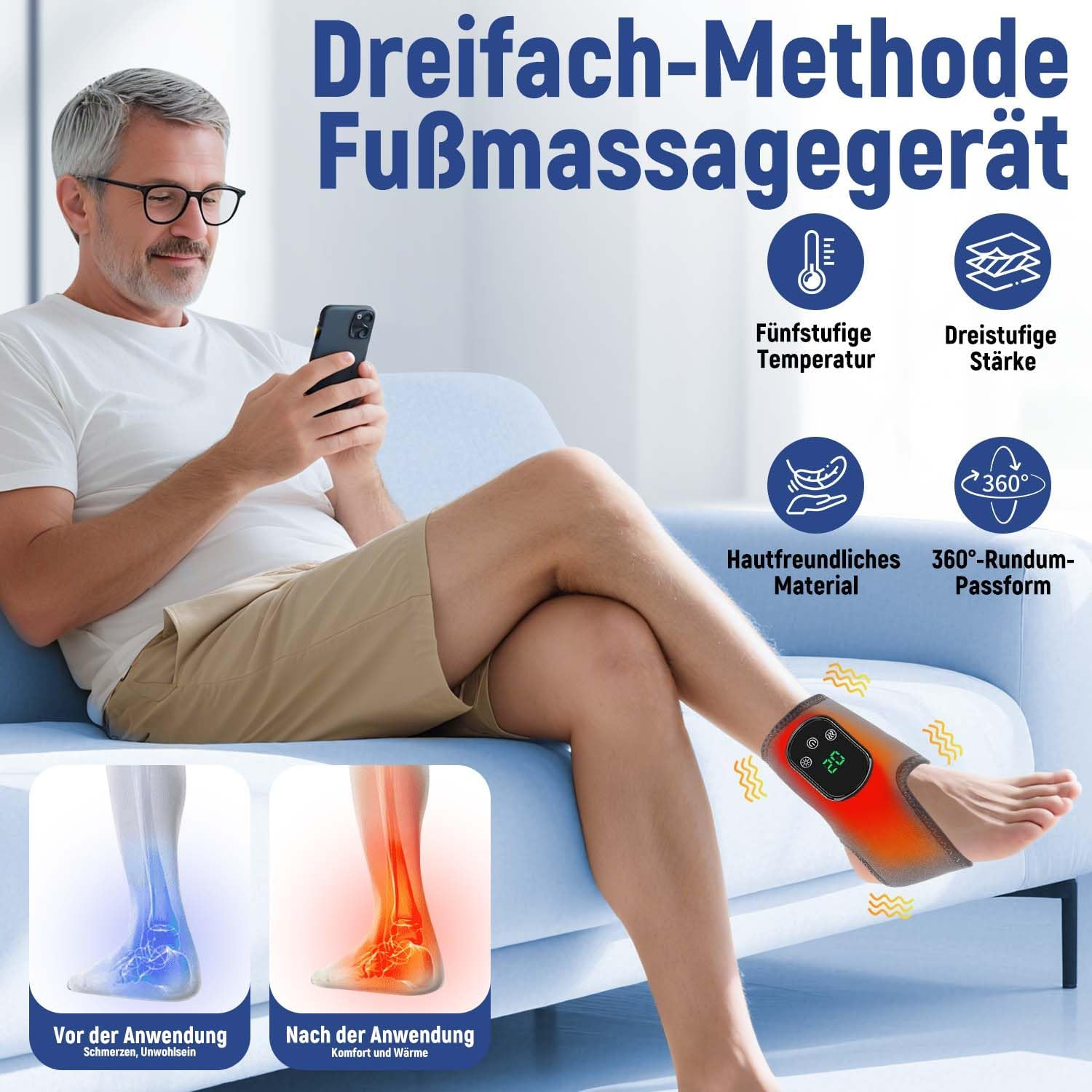 Mann mit Fußmassagegerät am Bein, verschiedene Funktionen werden gezeigt.